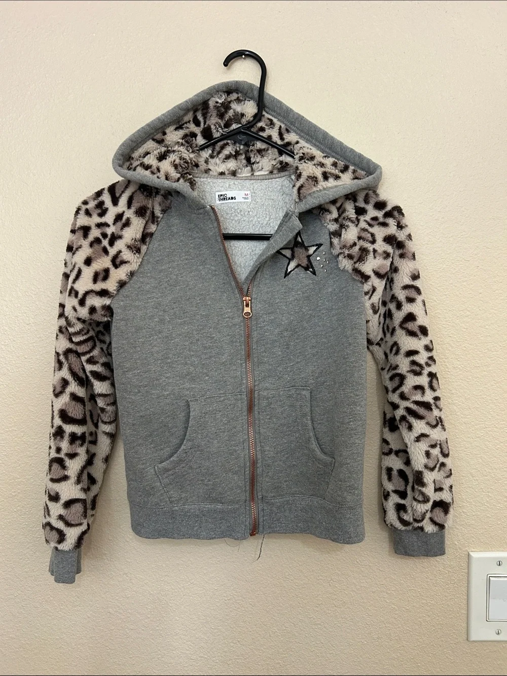 Epic Threads Grey Hoodie with Leopard Faux Fur Trim
